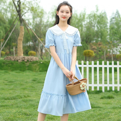 新22282少女連衣裙娃娃領夏季初中學生高中女生夏裝長款過膝長裙