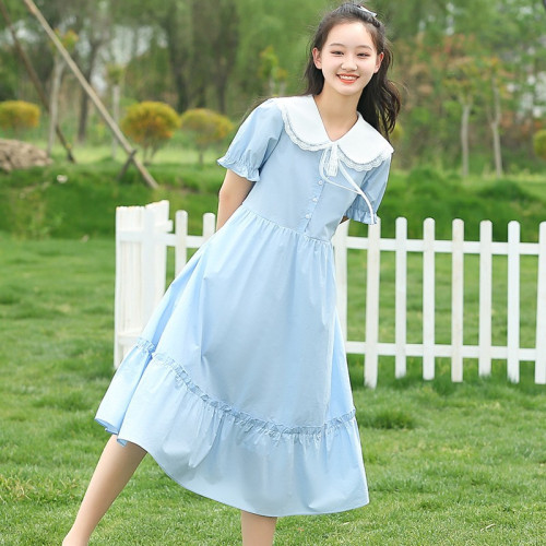 新22282少女連衣裙娃娃領夏季初中學生高中女生夏裝長款過膝長裙
