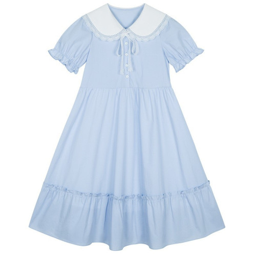 新22282少女連衣裙娃娃領夏季初中學生高中女生夏裝長款過膝長裙
