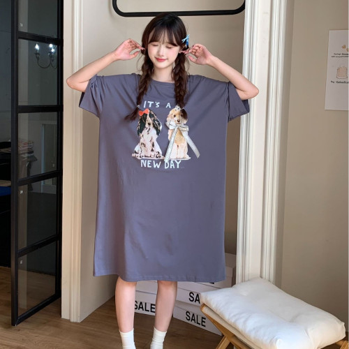 新款純棉睡裙短袖卡通印花圓領中長款家居服圓領套頭可外穿