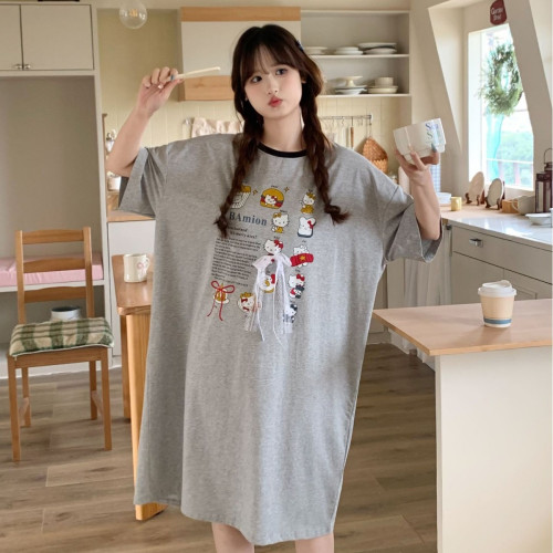 新款純棉睡裙短袖卡通印花圓領中長款家居服圓領套頭可外穿