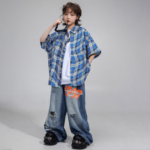 少兒街舞演出服男童嘻哈短袖女孩爵士舞牛仔褲兒童hiphop街舞潮服