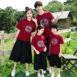 2025親子裝夏裝立領國風短袖安卡拉紅母女裝一家三口國潮漢服家庭