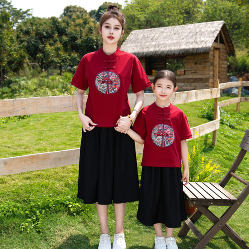 2025親子裝夏裝立領國風短袖安卡拉紅母女裝一家三口國潮漢服家庭