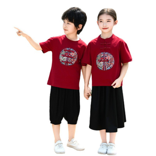 2025親子裝夏裝立領國風短袖安卡拉紅母女裝一家三口國潮漢服家庭