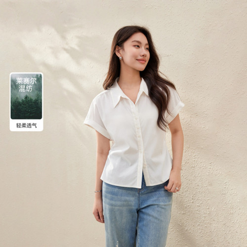 【氣質優雅翻領百搭萊賽爾襯衫】纖莉秀大碼女裝胖mm2025夏裝新款