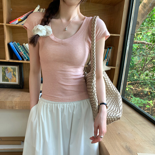 韓系chic別致正肩V領修身短袖T恤女2025夏季新款超好看單穿小上衣