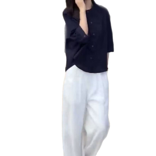 25058婕妤秀百搭時尚七分袖襯衫女夏季新款休閒寬松上衣薄款襯衣