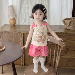 夏季新款女童套裝 可愛蝴蝶結卡通兒童套裝女寶寶夏季吊帶兩件套