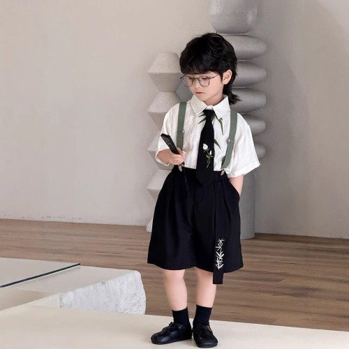 男童背帶套2025夏季時尚學院風套裝兒童禮服演出服套裝 一件代髮