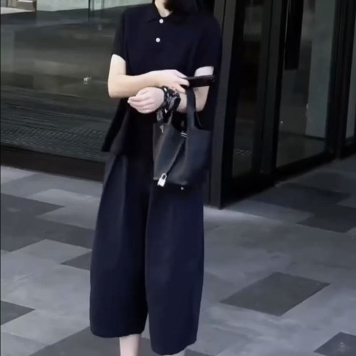 25065婕妤秀黑色Polo領短袖T恤女2025夏季新款時尚寬松休閒百搭顯