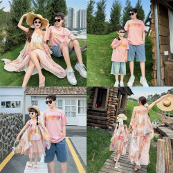 三亞沙灘裙親子裝夏裝一家四口母女母子三口嬰兒海邊度假短袖T恤