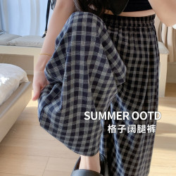 慵嬾風復古格子濶腿褲夏季薄款高腰寬松百搭顯瘦休閒直筒垂感長褲