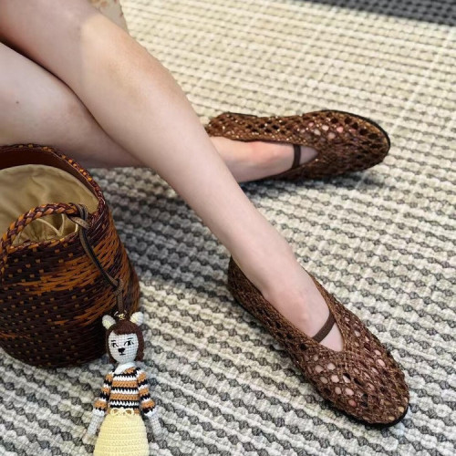 羊皮版~手工編織鏤空涼鞋女一字帶圓頭平底單鞋百搭淺口瑪麗珍鞋