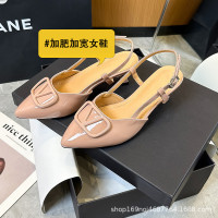 1225-6加寬加肥大碼女鞋V釦高跟鞋女夏季百搭氣質包頭後空女涼鞋
