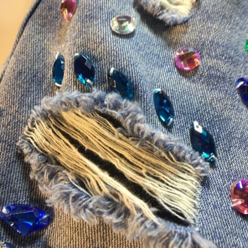 7814#歐貨新款重工鑲鑽釘珠高腰顯瘦破洞直筒五分褲中褲
