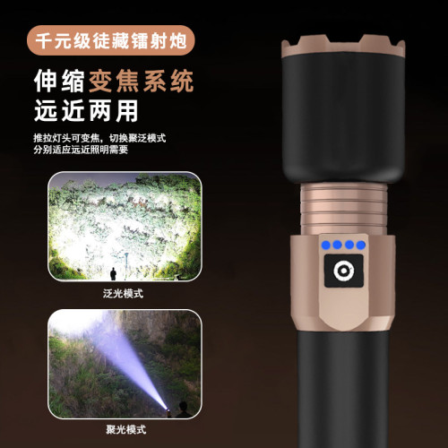 跨境A68手電筒伸縮變焦大功率白激光超亮持久續航USB充電電顯工作