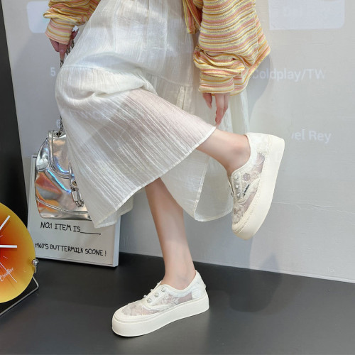 透氣小白鞋女蕾絲漁夫鞋網面時尚厚底潮流百搭休閒鞋一腳蹬懶人鞋