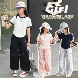女童夏裝短款T恤2025新款兒童辣妹風薄款簡約中大童時髦上衣純棉