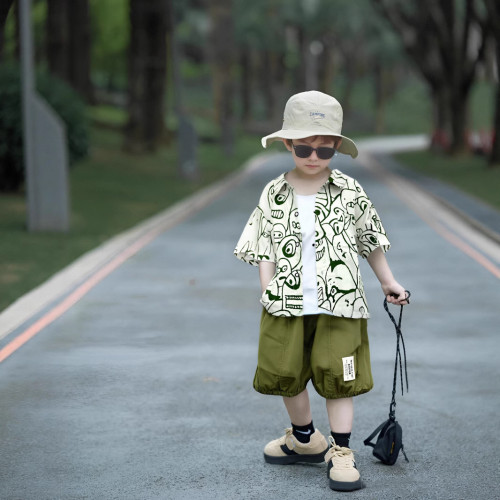 2024新款夏季男童圓領字母印花短袖休閒棉質五分褲三件套