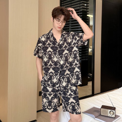 夏季男士新款冰絲寬松透氣短袖短褲兩件套裝3D立體浮雕印花家居服