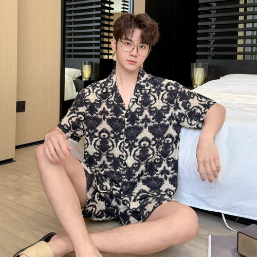 夏季男士新款冰絲寬松透氣短袖短褲兩件套裝3D立體浮雕印花家居服
