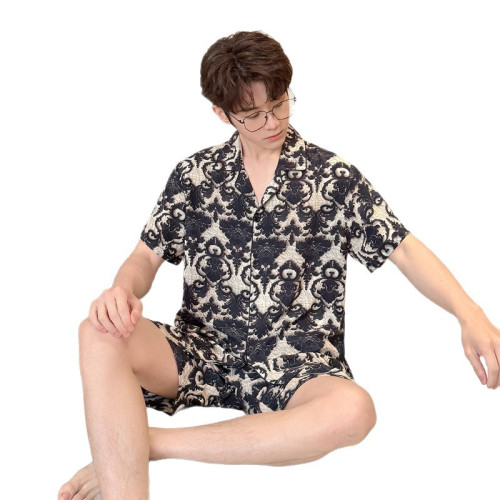 夏季男士新款冰絲寬松透氣短袖短褲兩件套裝3D立體浮雕印花家居服