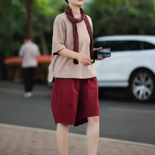 25358大愛美依緣2025夏季新款寬松圓領顯瘦T恤休閒高腰五分短褲女