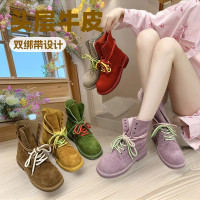 頭層牛皮馬丁靴女款2025歐美風夏季新款女款綠色開春雙綁帶機車靴