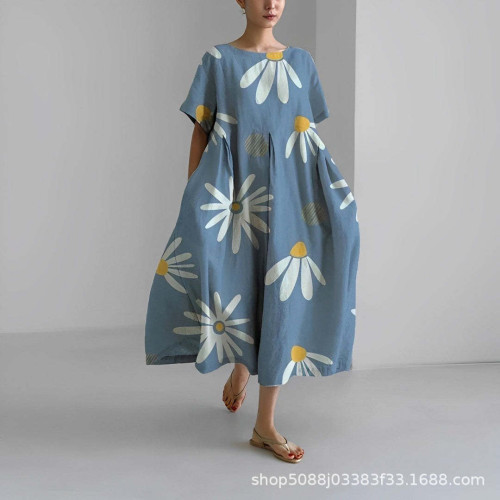 2025歐美獨立站大碼短袖連衣裙 個性花卉圖案印花休閒女裝連衣裙