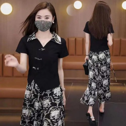 【新款】套裝時尚洋氣女裝夏季短袖+褲子顯瘦新中式兩件套國風上