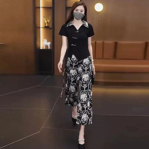 【新款】套裝時尚洋氣女裝夏季短袖+褲子顯瘦新中式兩件套國風上