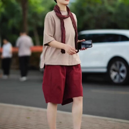 25358大愛美依緣2025夏季新款寬松圓領顯瘦T恤休閒高腰五分短褲女