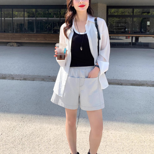2025夏季韓風牛仔短褲女三分休閒A字寬松大口袋松緊腰白色褲子