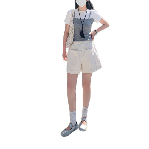 2025夏季韓風牛仔短褲女三分休閒A字寬松大口袋松緊腰白色褲子