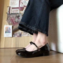 漆皮瑪麗珍鞋女圓頭淺口25春季新品交叉綁帶韓版小衆搭釦方跟單鞋