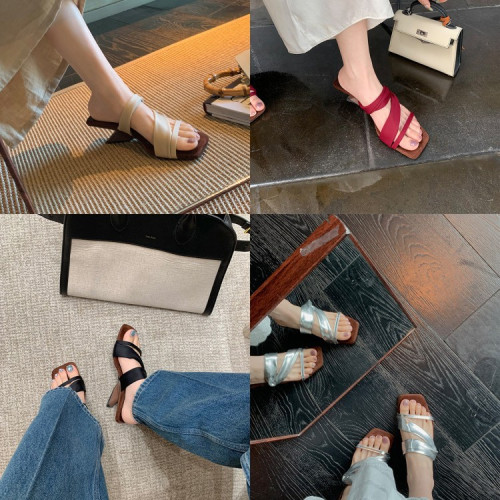 葡萄媽同款預售~跟高5.5cm~氣質方頭一字帶露趾粗跟坡跟涼拖鞋女
