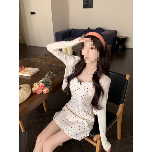 韓系蝴蝶結波點吊帶連衣裙女夏季2025新款氣質收腰小個子兩件套裝