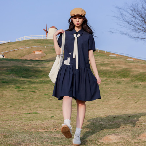 連衣裙夏裝2025新款少女寬松洋氣卡通印花初高中生襯衫裙子25335