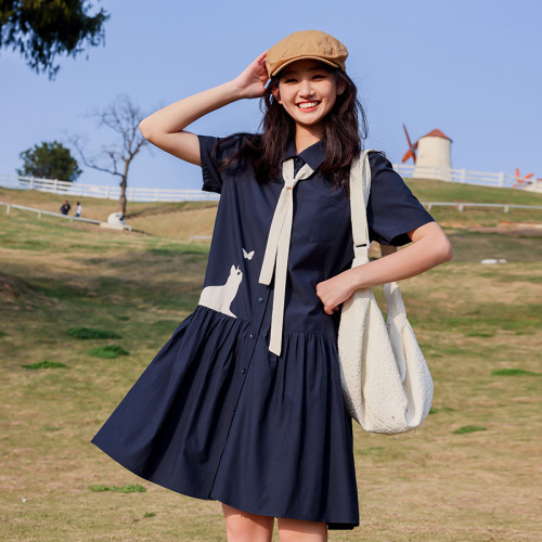 連衣裙夏裝2025新款少女寬松洋氣卡通印花初高中生襯衫裙子25335