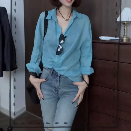 25368大愛美依緣2025夏季新款經典簡約亮色長袖襯衫休閒防曬上衣