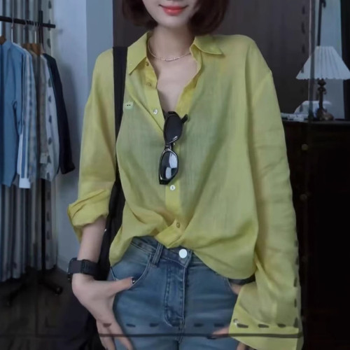 25368大愛美依緣2025夏季新款經典簡約亮色長袖襯衫休閒防曬上衣