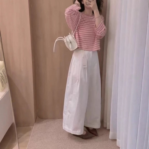 25350大愛美依緣2025夏季新款條紋長袖防曬T恤休閒濶腿褲減齡顯瘦