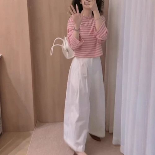 25350大愛美依緣2025夏季新款條紋長袖防曬T恤休閒濶腿褲減齡顯瘦