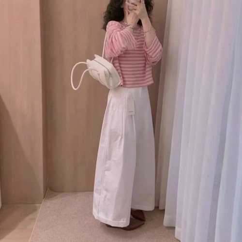 25350大愛美依緣2025夏季新款條紋長袖防曬T恤休閒濶腿褲減齡顯瘦