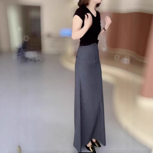 25067婕妤秀灰色半身裙女2025年夏季新款簡約氣質百搭魚尾長裙子