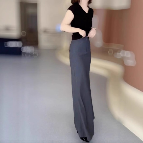 25067婕妤秀灰色半身裙女2025年夏季新款簡約氣質百搭魚尾長裙子