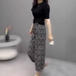 25072婕妤秀2025年夏季新款時尚百搭簡約氣質短袖上衣衫開叉裙套