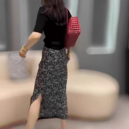 25072婕妤秀2025年夏季新款時尚百搭簡約氣質短袖上衣衫開叉裙套