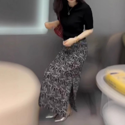 25072婕妤秀2025年夏季新款時尚百搭簡約氣質短袖上衣衫開叉裙套